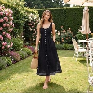 J CREW NWOT Black Eyelet Button Front Midi Dress